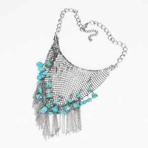 NEW Boho Turquoise Stone Silver Metal Mesh Scarf Fringe Necklace Set